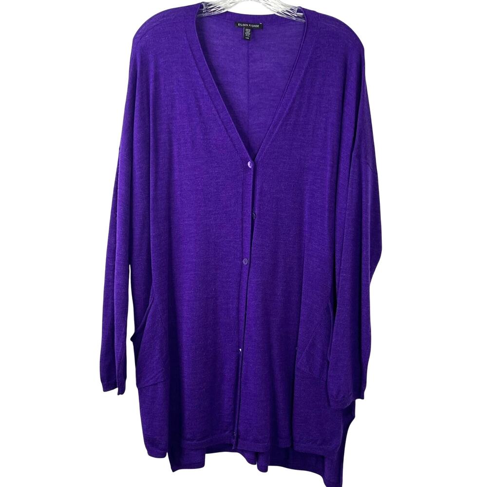 Eileen Fisher Women's 100% Merino Wool Button Down Purple Casual Cardigan Size L